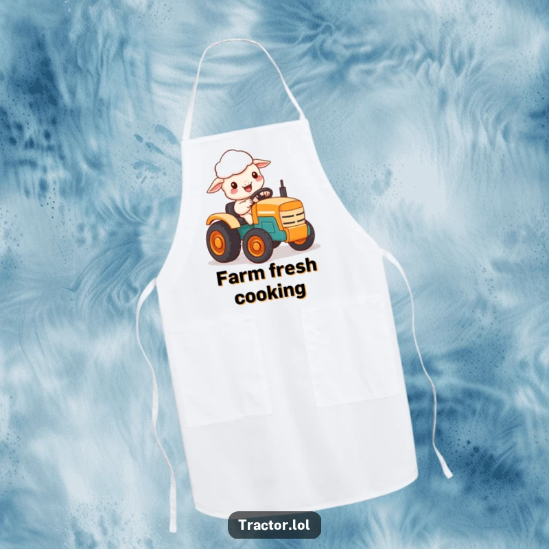 Funny apron showing a delighted Kawaii sheep character driving a small, brightly colored toy tractor.