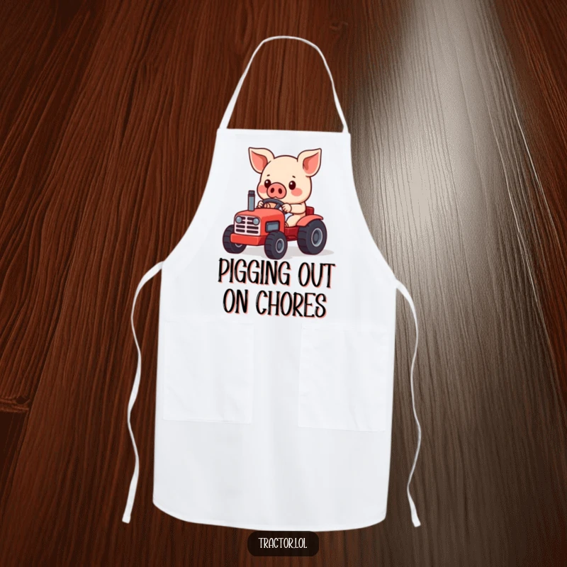Funny Kawaii pig character focused on operating a miniature red toy tractor, designed as humorous kitchen wear for cooking.
