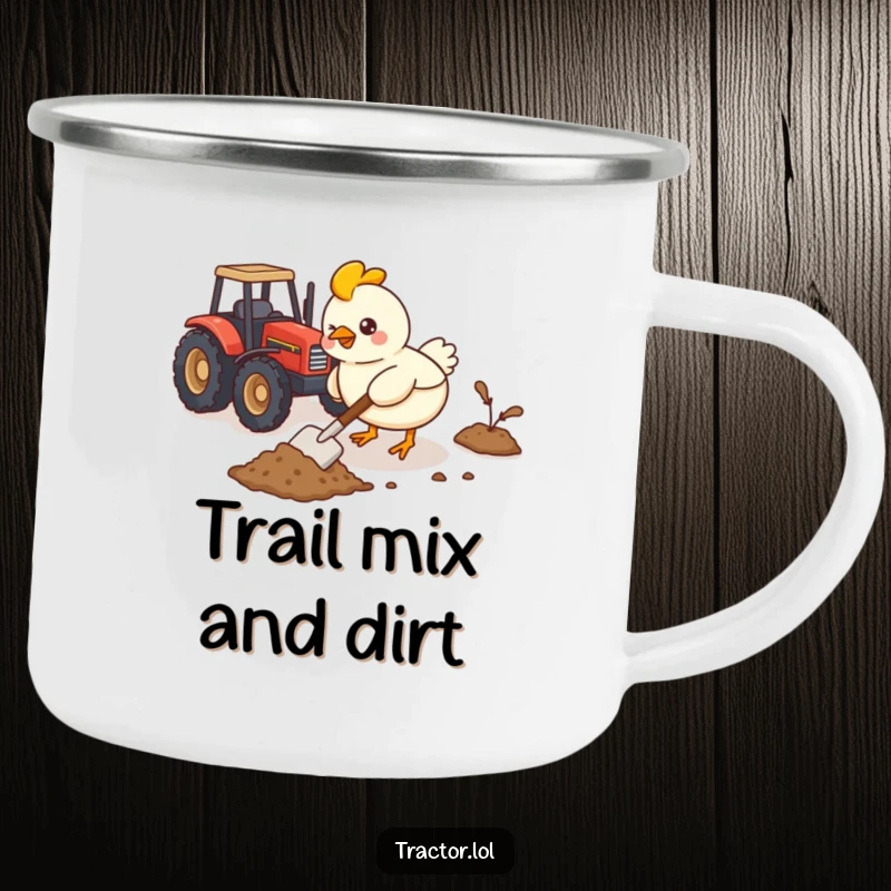 Funny Kawaii chicken busy shoveling dirt with a small shovel near a toy tractor, durable and humorous camping mug.