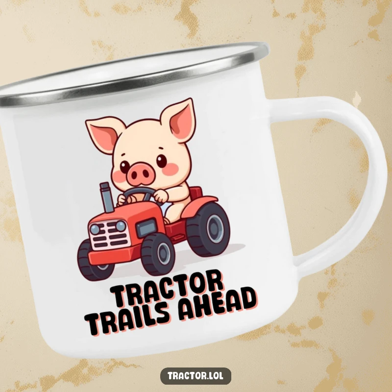 Funny Kawaii pig character intently driving a small red toy tractor, designed as durable and humorous drinkware for camping.