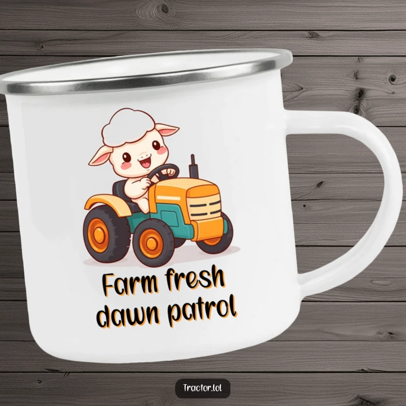 Funny camping mug with a delighted Kawaii sheep character driving a small toy tractor.