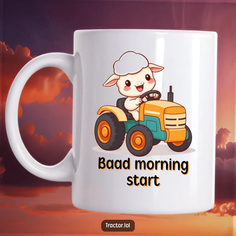 Funny mug showing a happy Kawaii sheep character driving a small, colorful toy tractor with delight.