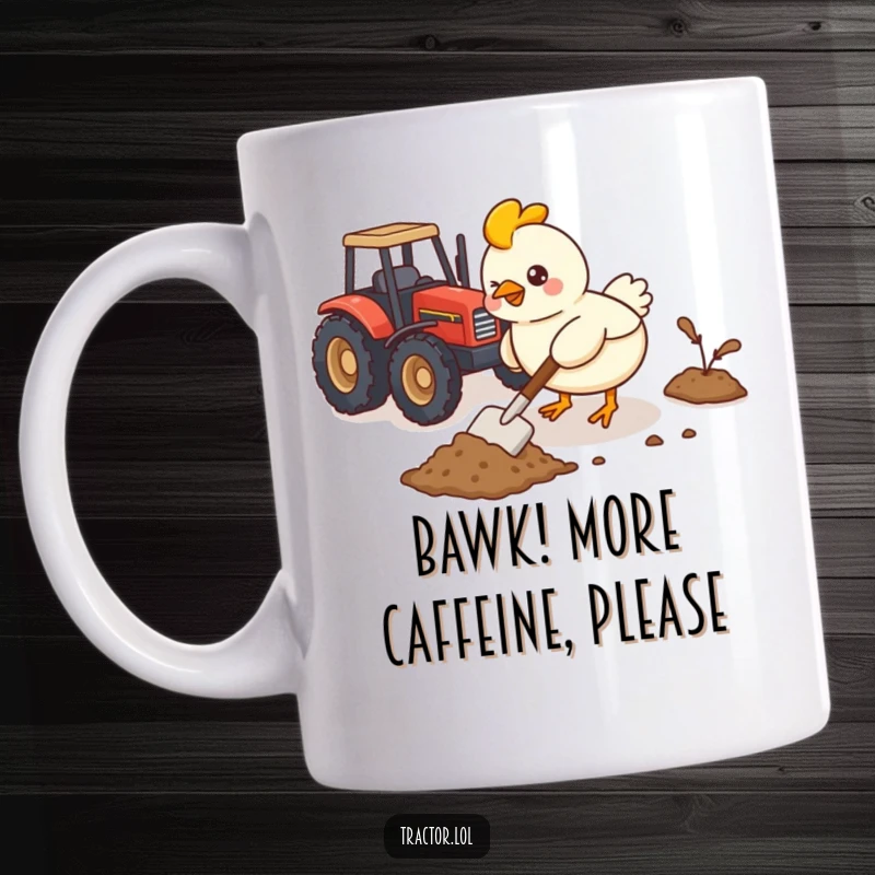 Funny Kawaii chicken character busy shoveling imaginary dirt with a tiny shovel near a toy tractor, perfect for farm humor.