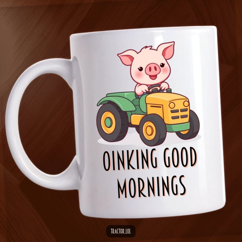 Funny Kawaii pig character happily driving a miniature stylized tractor, radiating pure joy and farm charm.