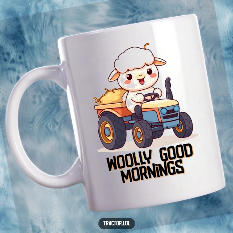 Funny Kawaii sheep character cheerfully pushing a cart full of hay while on a tractor, radiating pure joy.