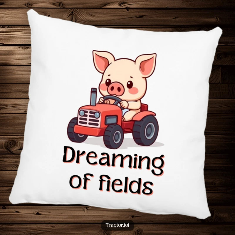 Funny Kawaii pig character driving a miniature red toy tractor, a soft and humorous pillow for cozy home decor.