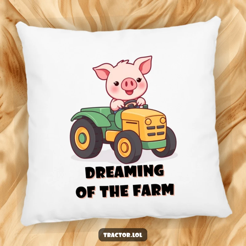 Funny Kawaii pig character driving a cute tractor, perfect for a soft and humorous pillow.