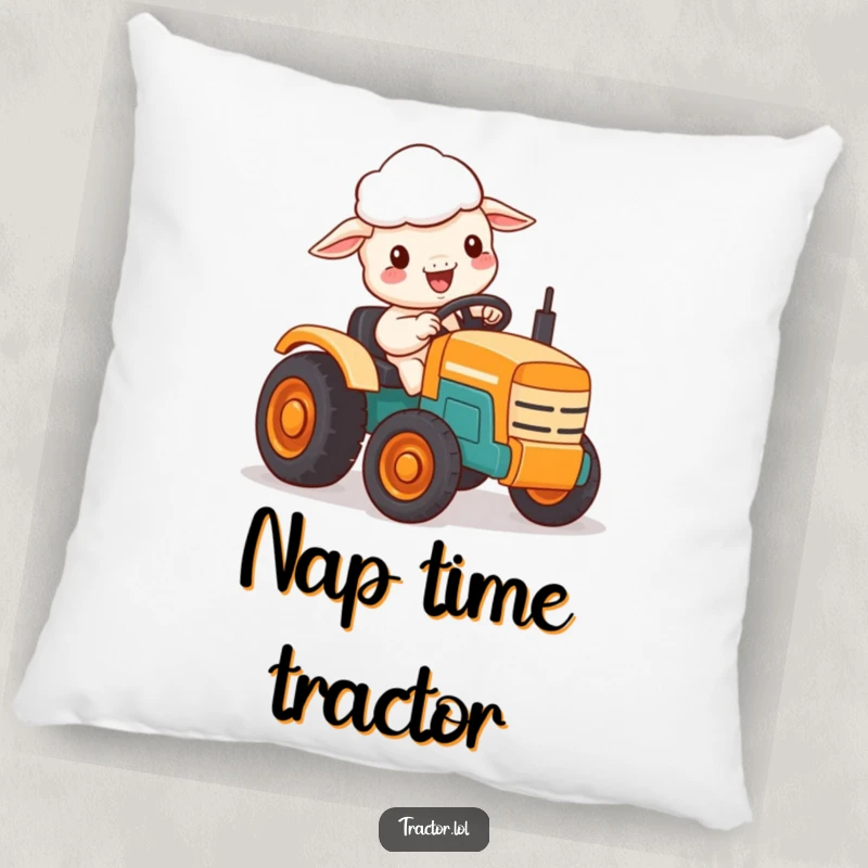 Funny pillow with a delighted Kawaii sheep character driving a small toy tractor.