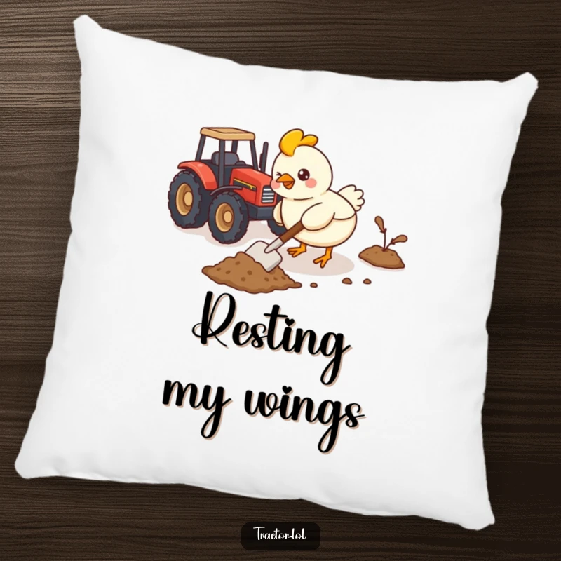 Funny Kawaii chicken character actively shoveling imaginary dirt with a tiny shovel near a toy tractor, a soft pillow.