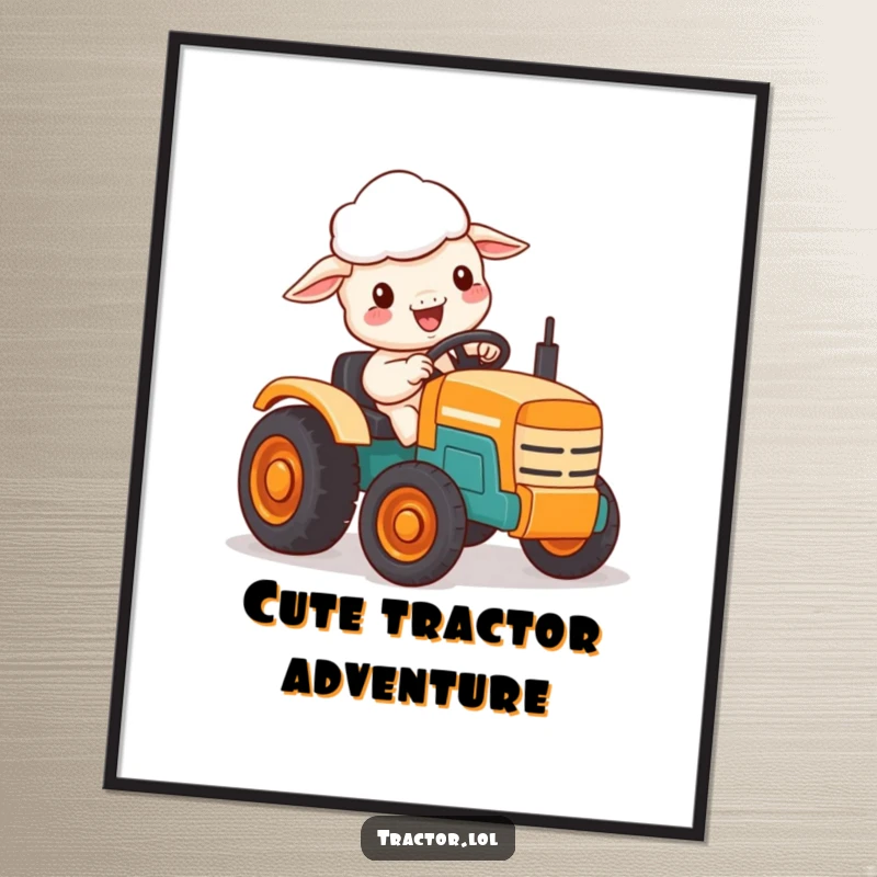 Funny digital art print of a delighted Kawaii sheep character driving a small, brightly colored toy tractor.