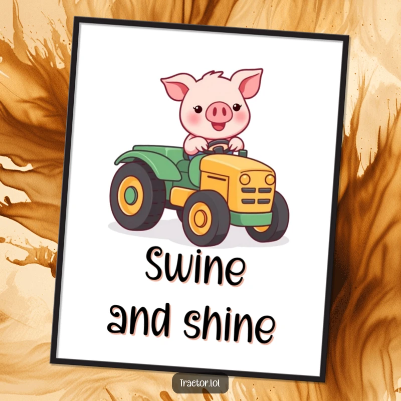 Funny Kawaii pig character happily driving a miniature tractor, a high-resolution, humorous digital artwork.