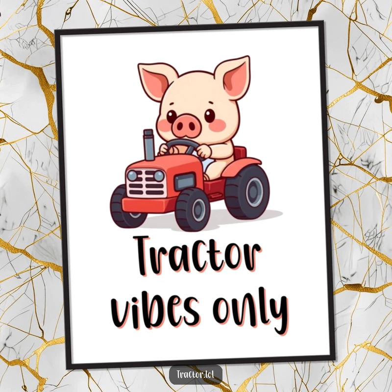Funny Kawaii pig character intently driving a miniature red toy tractor, a digital art print full of humor and charm.