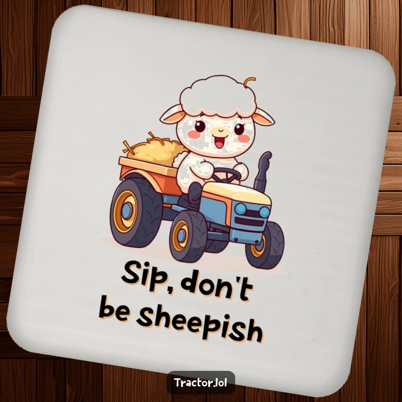 Funny Kawaii sheep character pushing a cart of hay on a tractor, a cute and humorous drink coaster.