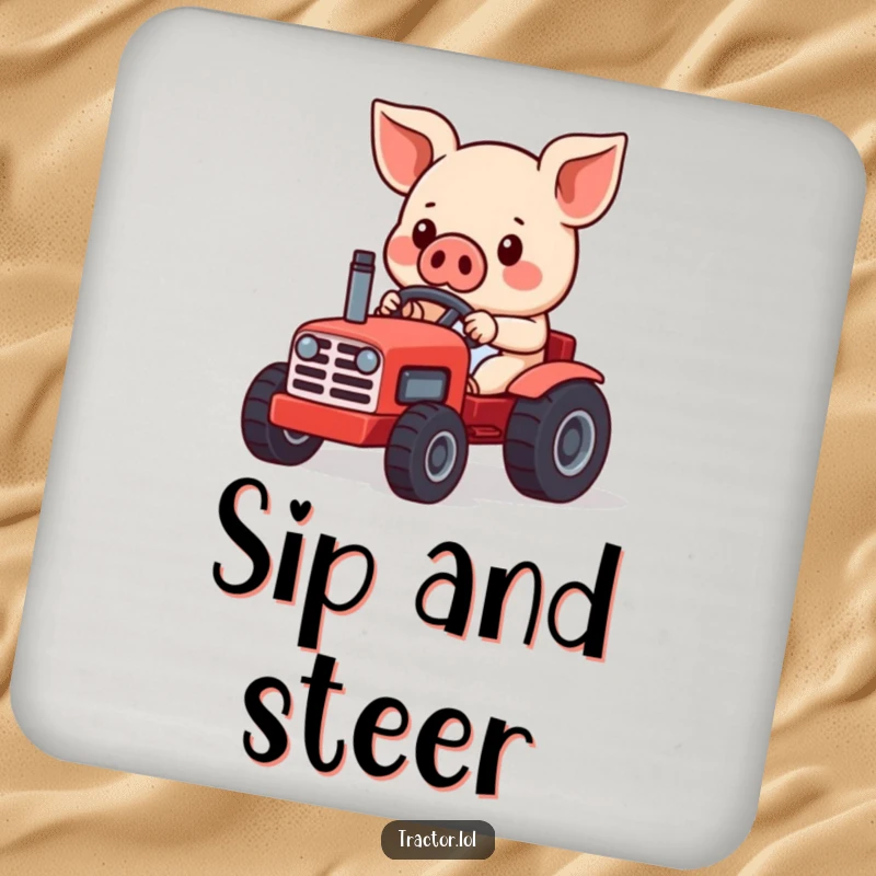 Funny Kawaii pig character focused on driving a miniature red toy tractor, a set of humorous coasters for surface protection.
