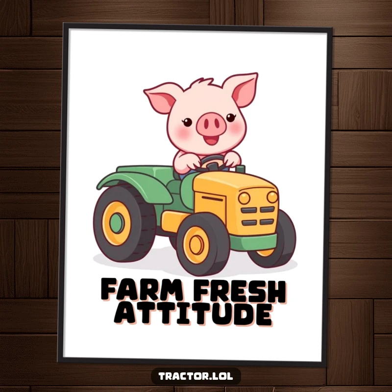 Funny Kawaii pig character driving a stylized tractor, creating a humorous and charming wall art.