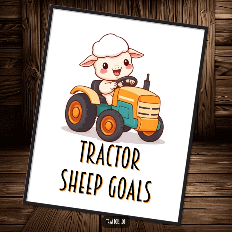 Funny poster of a delighted Kawaii sheep character driving a very small, brightly colored toy tractor.