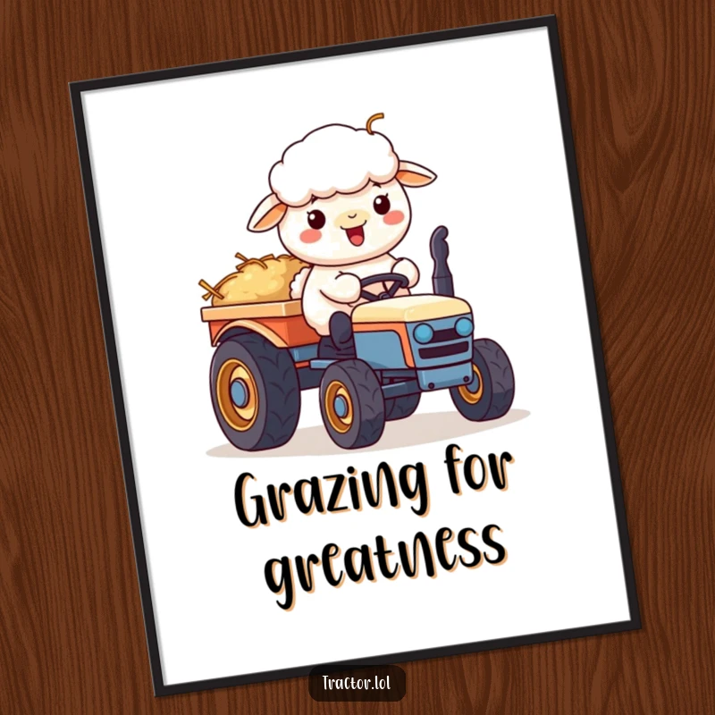 Funny Kawaii sheep character pushing a cart of hay on a tractor, creating a humorous and charming wall art.