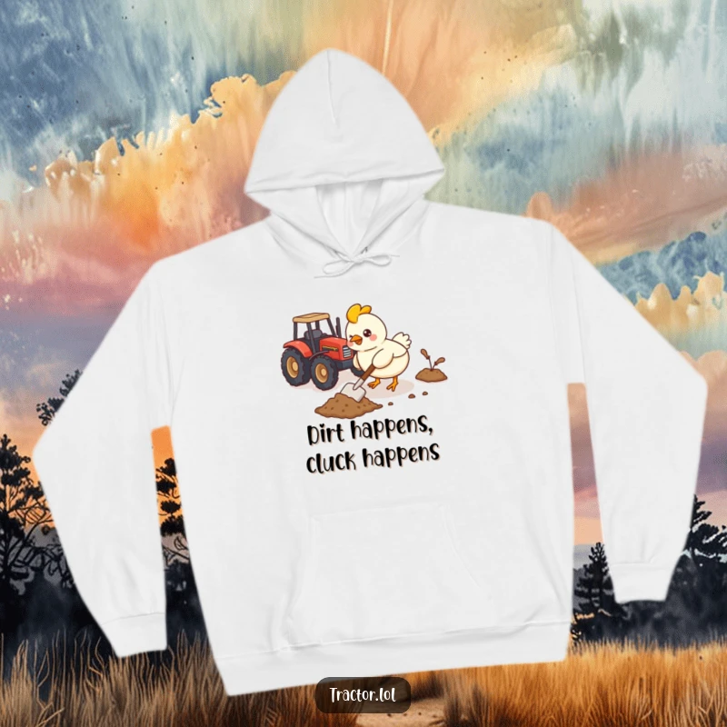 Funny Kawaii chicken character with a tiny shovel digging near a toy tractor, designed for warm and humorous wear.