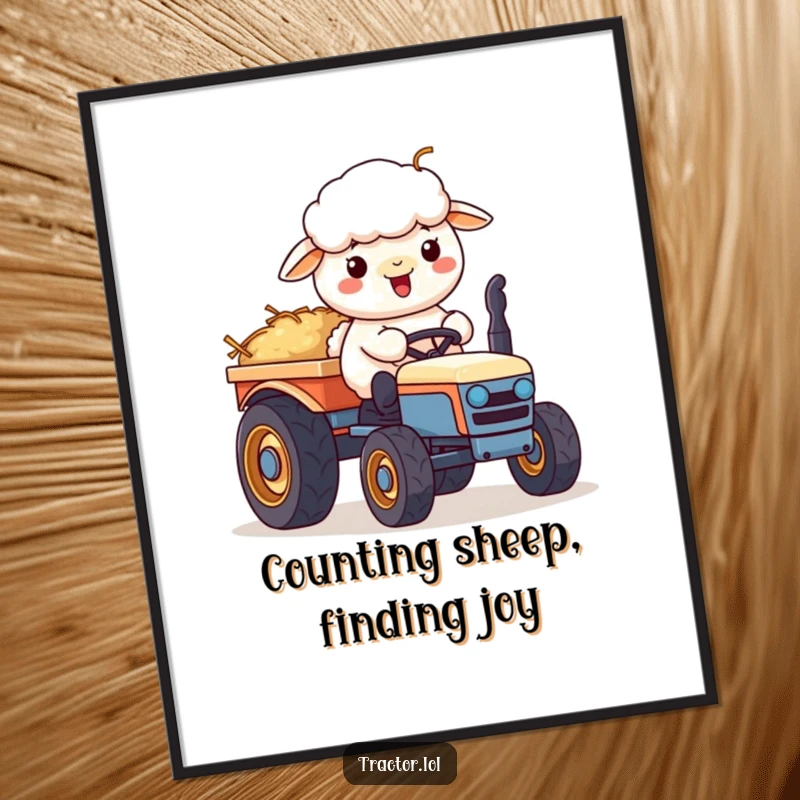 Funny Free Printable Wall Art featuring a happy, cheerful Kawaii sheep character on a tractor with a cart of hay.