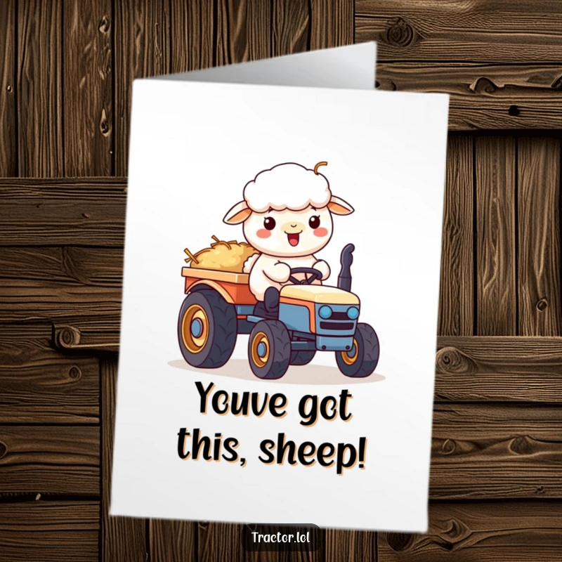Funny Free Printable Congratulations Card featuring a cheerful Kawaii sheep character with a cart of hay on a tractor.