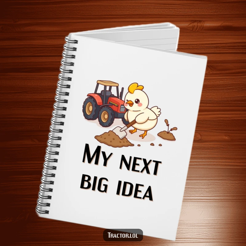 Funny Kawaii chicken busy shoveling imaginary dirt with a tiny shovel near a toy tractor, perfect for note-taking.