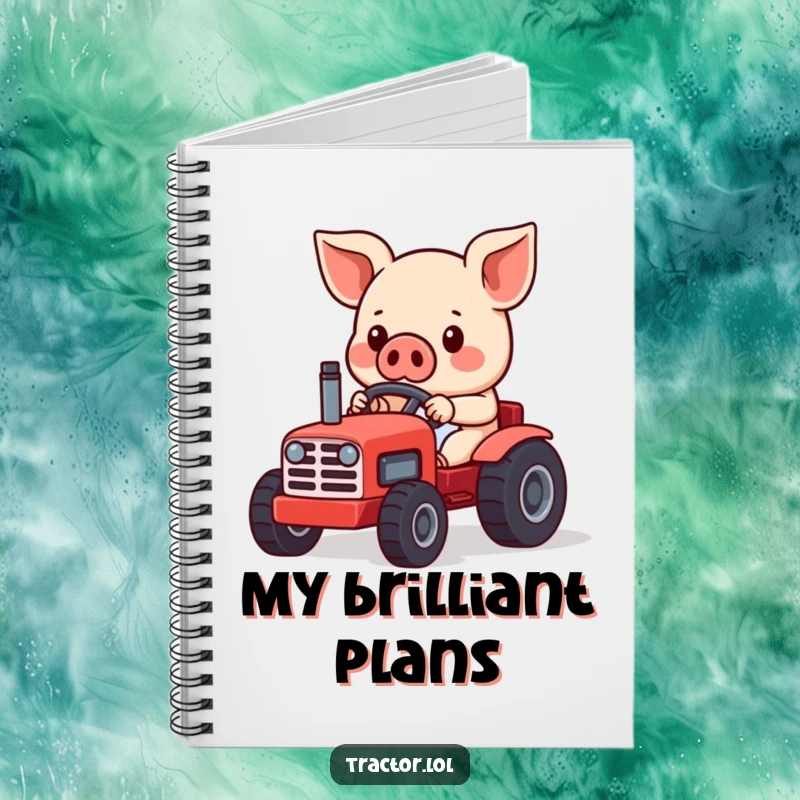 Funny Kawaii pig character focused on driving a tiny red toy tractor, perfect for humorous note-taking and creative ideas.