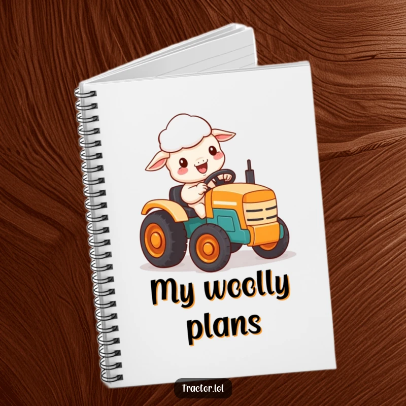 Funny notebook cover with a delighted Kawaii sheep character driving a small toy tractor.