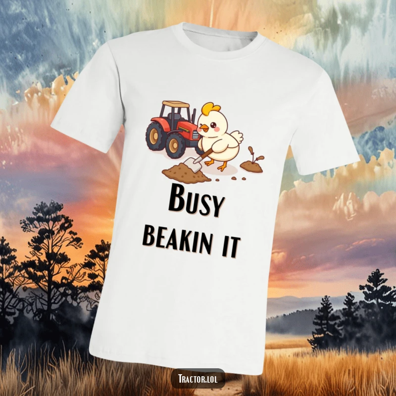 Funny Kawaii chicken character actively shoveling imaginary dirt with a small shovel near a toy tractor, a humorous tee.