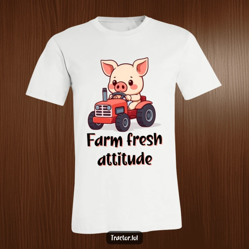 Funny Kawaii pig character concentrated on driving a mini red toy tractor, symbolizing focus and farming fun on a comfortable tee.