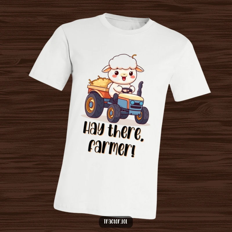 Funny Kawaii sheep character happily pushing a cart of hay on a tractor, a humorous and charming t-shirt.