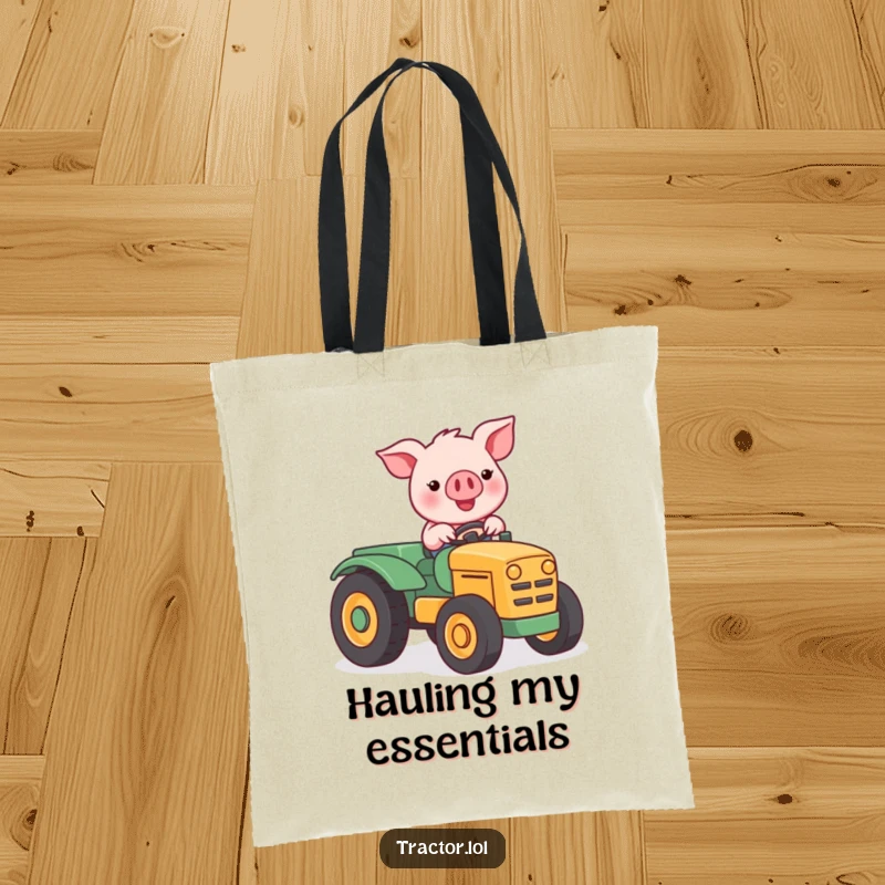 Funny Kawaii pig character happily piloting a small tractor, a charming and humorous tote bag.